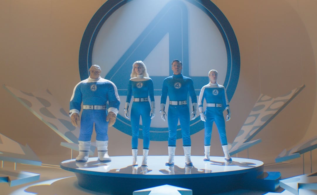 Ebon Moss-Bachrach como Ben Grimm/La Cosa, Vanessa Kirby como Sue Storm/Mujer Invisible, Pedro Pascal como Reed Richards/Mister Fantástico y Joseph Quinn como Johnny Storm/Antorcha Humana. Foto: EFE/ 20th Century Studios/Marvel Studios