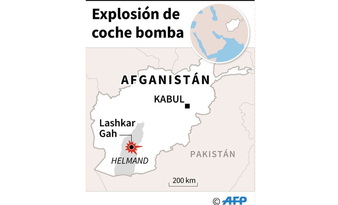 Localización de Lashkar Gah, en Afganistán, donde un coche bomba explotó ante un banco, dejando decenas de muertos. FOTO: AFP