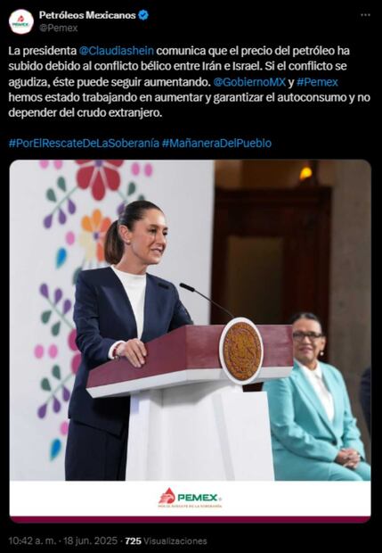 Pemex responde a la presidenta Claudia Sheinbaum, sobre el aumento del precio del petróleo. Foto: Captura de pantalla de la cuenta de X de @Pemex.