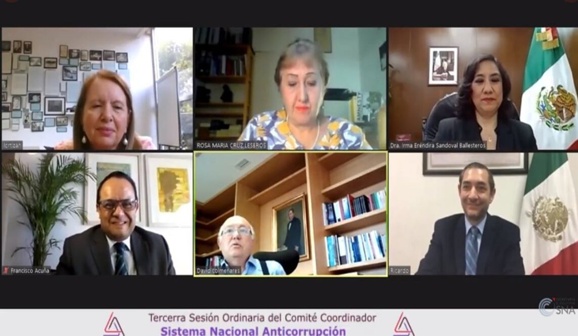 Miembros del Comité Coordinador durante su Tercera Sesión Ordinaria del 2020, que por primera vez se llevó a cabo de manera virtual, a raíz de la emergencia sanitaria a causa de Covid-19. Foto: @SESNAOficial