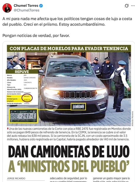 Chumel Torres reacciona a compra de nueve camionetas de lujo para ministros de la SCJN. Foto: Captura de pantalla