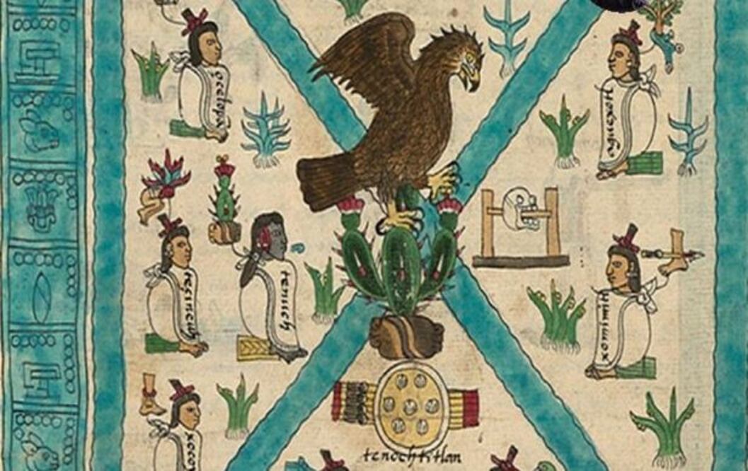 Una escena 
de la fundación
 de Tenochtitlan plasmada en el Códice Mendoza/ INAH