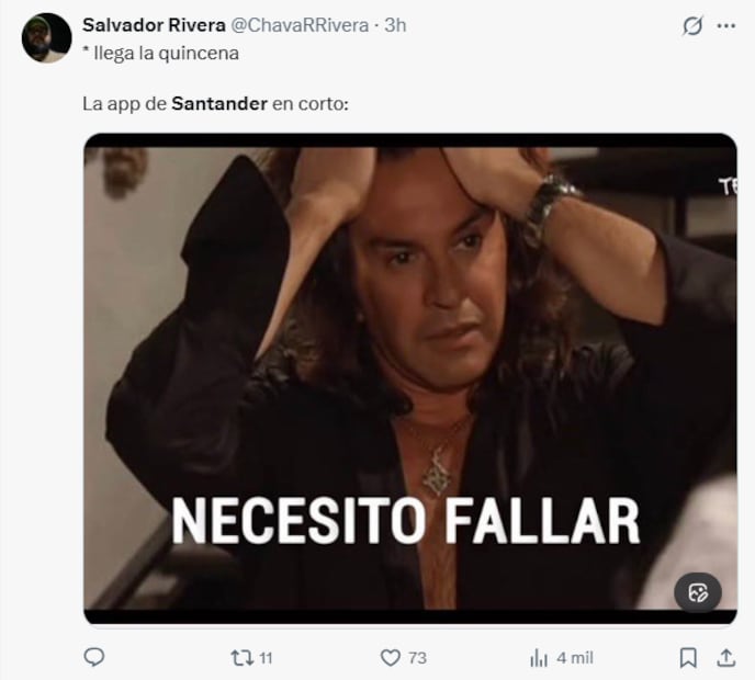 Este viernes, clientes de Santander reportaron fallas en la aplicación móvil de la institución bancaria. Foto: Captura de pantalla X