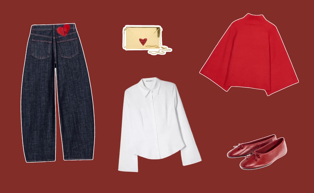 Rojo y mezclilla: la fórmula infalible para un café, una comida casual o un plan tranquilo entre amigas este 14 de febrero. Foto: Zara, Bershka