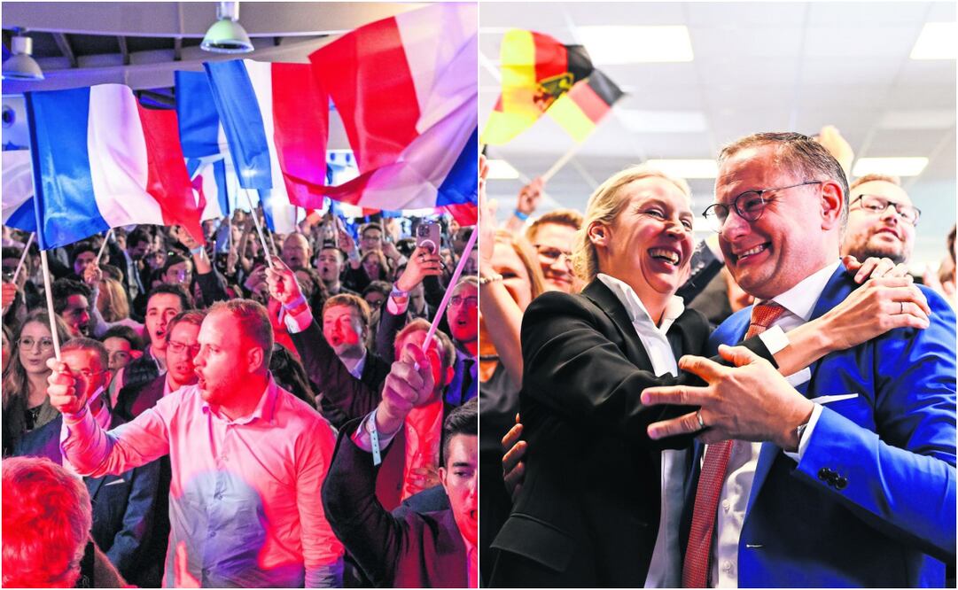 - Simpatizantes del Rassemblement National de Jordan Bardella, luego de conocer los primeros resultados de las elecciones europeas y que ganaron en Francia. Foto: Andre Pain | EFE
- En Berlín, los dirigentes de Alternativa para Alemania (AfD), Tino Chrupalla (der.), y la vicepresidenta Alice Weidel (izq.) festejan sus resultados. Foto: Filip Sing | EFE