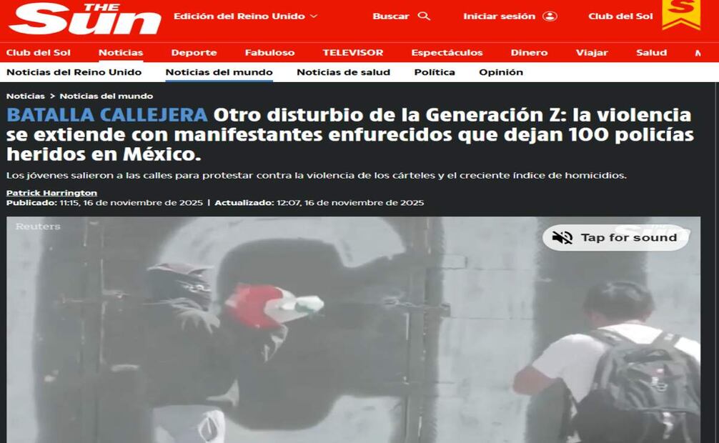 Cobertura del medio The Sun sobre la marcha de la generación Z en México. Foto: Captura de pantalla
