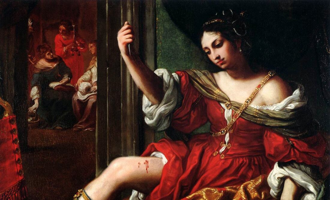 Porcia hiriéndose el muslo (1664), 
óleo sobre lienzo. Pintura de Elisabetta Sirani. Foto: Historia Arte