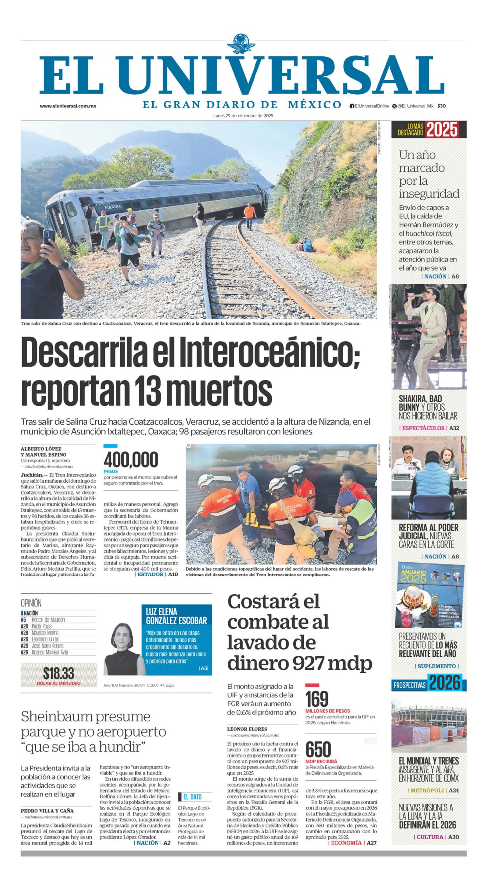 Portada impresa del 29 de diciembre de 2025