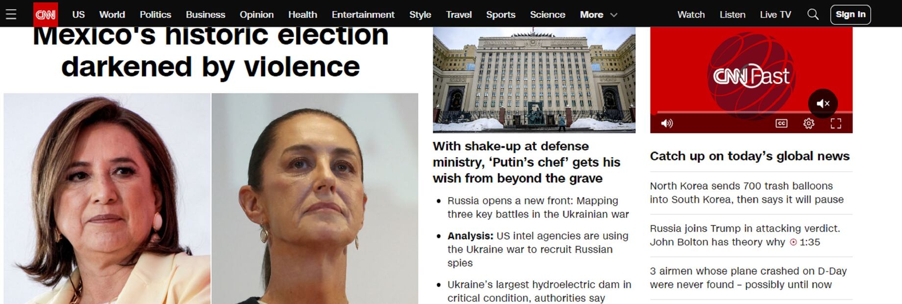 Así lucía esta tarde la portada de la cadena estadounidense CNN, sobre las elecciones en México. FOTO: CAPTURA