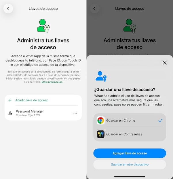 Llaves de acceso en WhatsApp. Foto: Captura de pantalla