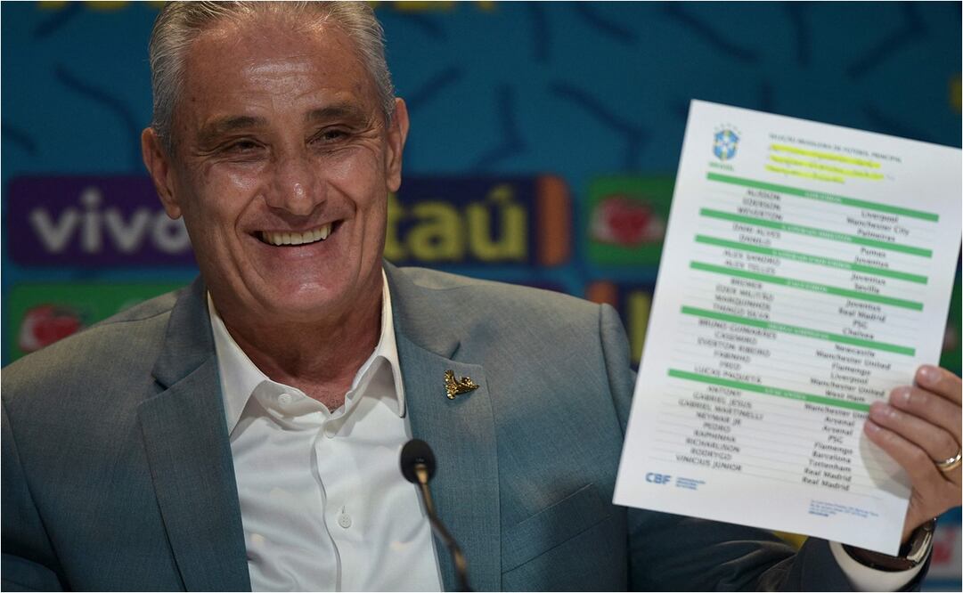 Tite sosteniendo la lista de jugadores que viajan a Qatar / Foto: AFP