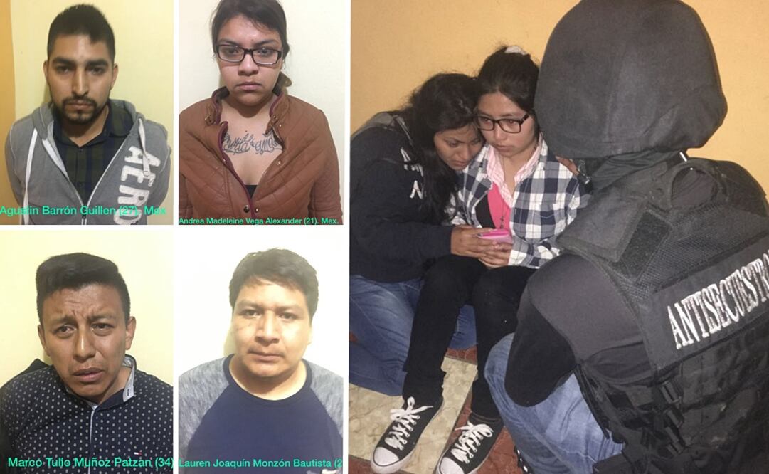 Los cuatro secuestradores, dos mexicanos, detenidos el jueves (izq) / Un policía antisecuestros de Guatemala (de pie) se acercó a las dos víctimas rescatadas, que habían sido secuestradas el pasado lunes (Foto: Ministerio de Gobernación de Guatemala)