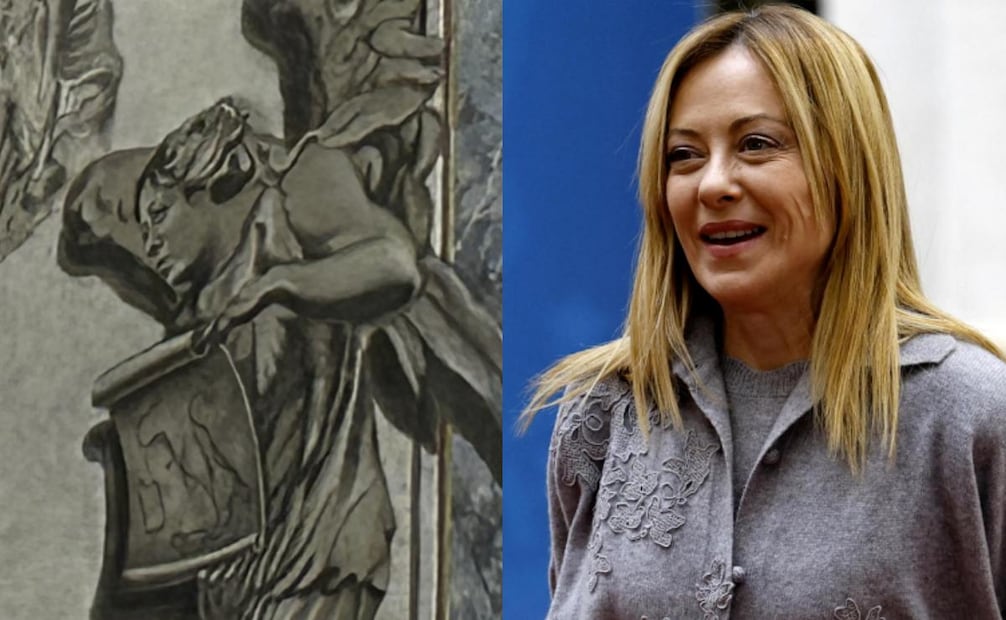 La Basílica de San Lorenzo in Lucina, ubicada en el centro de Roma, se ha convertido en un nuevo foco de atención turística al que visitantes y curiosos se acercaron este lunes para ver el polémico fresco que representa a un ángel (izq) y que tiene el rostro de la primera ministra italiana, Giorgia Meloni (en la imagen, en un acto el pasado día 29 de enero). Foto: EFE