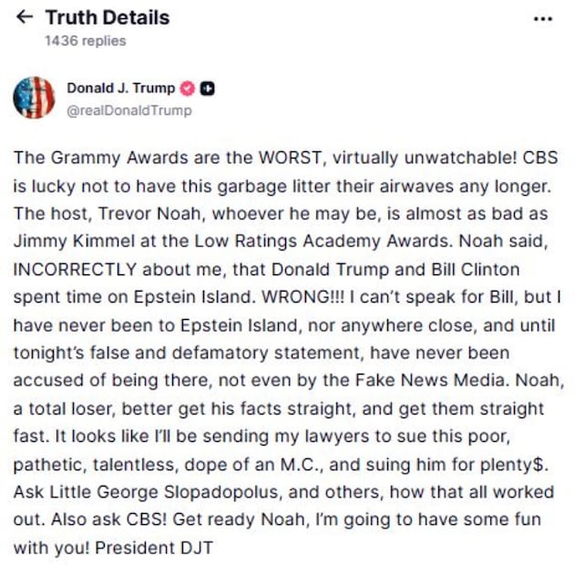 Publicación de Donald Trump sobre las declaraciones de Trevor Noah, durante la 68° edición de los premios Grammy.
Foto: Truth Social