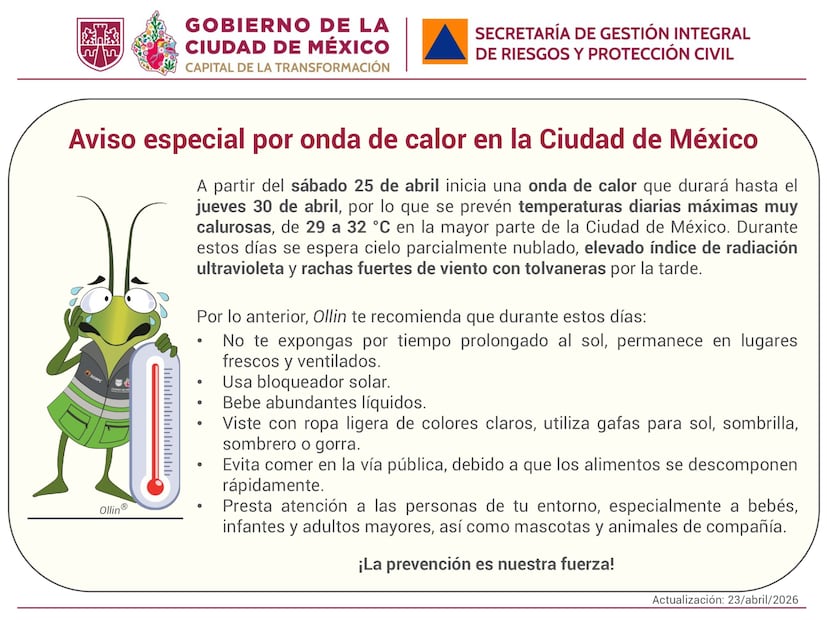 Las autoridades han emitido una alerta a la población por la próxima onda de calor que afectará a la capital. Foto: X @SGIRPC_CDMX