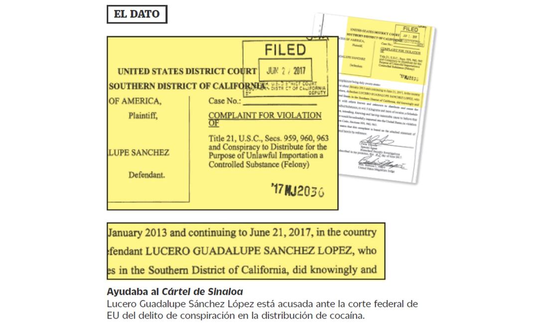 Ayudaba al Cártel de Sinaloa Lucero Guadalupe Sánchez López está acusada ante la corte federal de EU del delito de conspiración en la distribución de cocaína. (ESPECIAL)