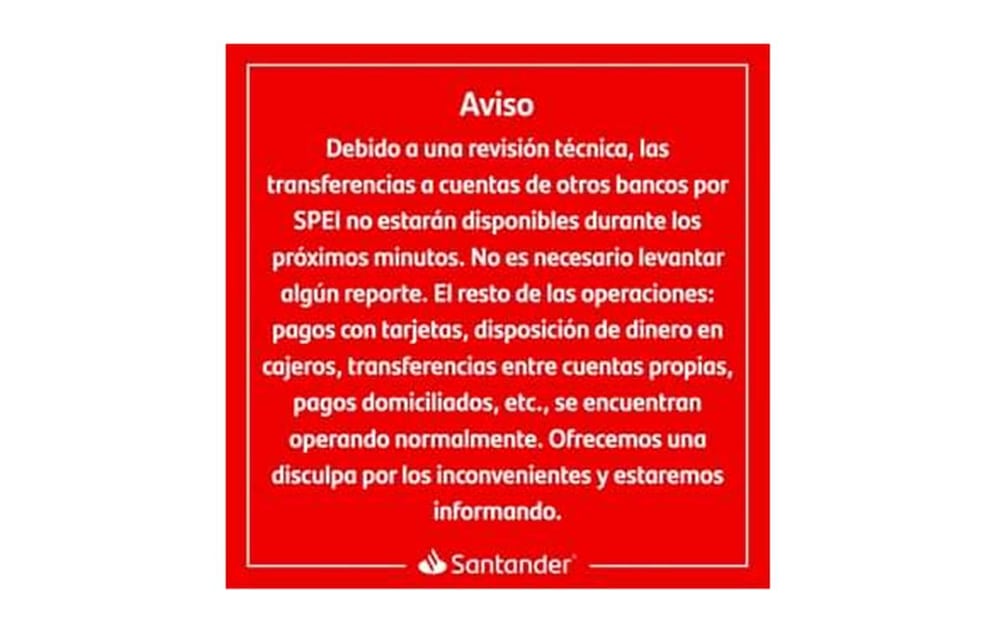 Mensaje de Santander a sus usuarios en redes, donde ofrece una disculpa por las fallas en su aplicación al realizar transferencias. Foto: Santander