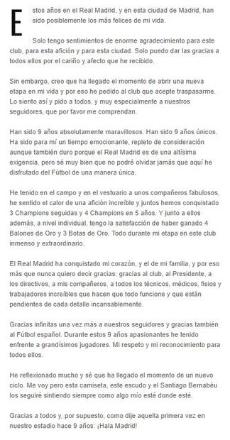 La carta con la que se despidió Cristiano Ronaldo del Real Madrid