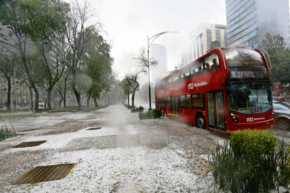 Las banquetas de Paseo de la Reforma lucieron una espesa capa de hielo, dando un aspecto invernal a la zona. En la Glorieta de Insurgentes se observó una postal similar, al igual que en Polanco y Clavería (MARCO UGARTE. AP)