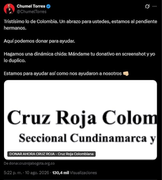 Chumel Torres propone duplicar donativos a Colombia. Foto: Captura de pantalla