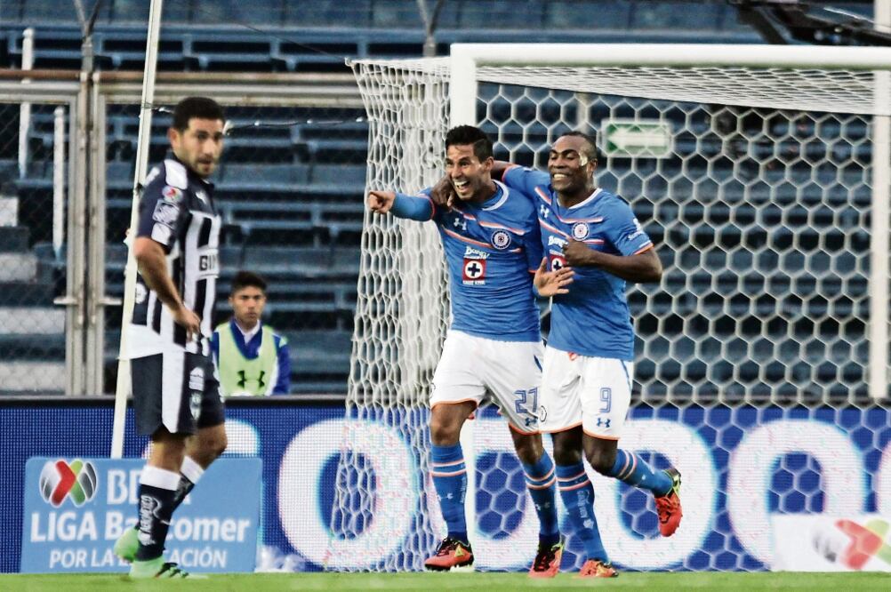 Jorge Benítez (27) se despachó con un doblete en el triunfo del Cruz Azul sobre el Monterrey; festejó con Guerrón (CARLOS MEJÍA. EL UNIVERSAL)
