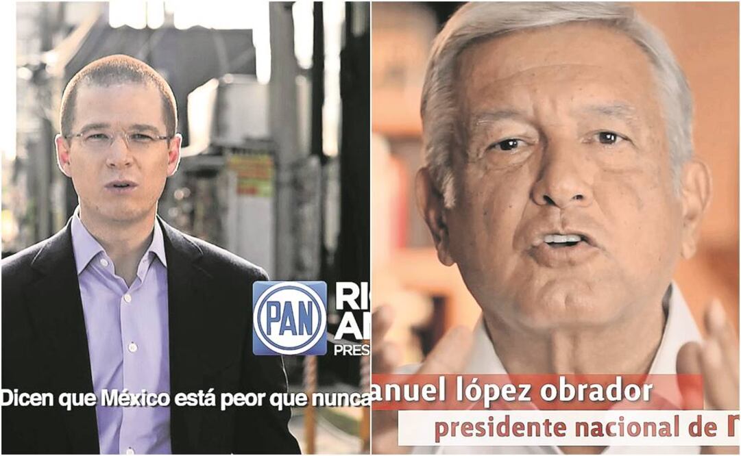 (Der.) En uno de los promocionales, Ricardo Anaya aparece a cuadro de manera permanente y sólo él es el protagonista. (Izq.) En los spots de su partido, Andrés Manuel López Obrador se mantiene a cuadro durante los 30 segundos del promocional
