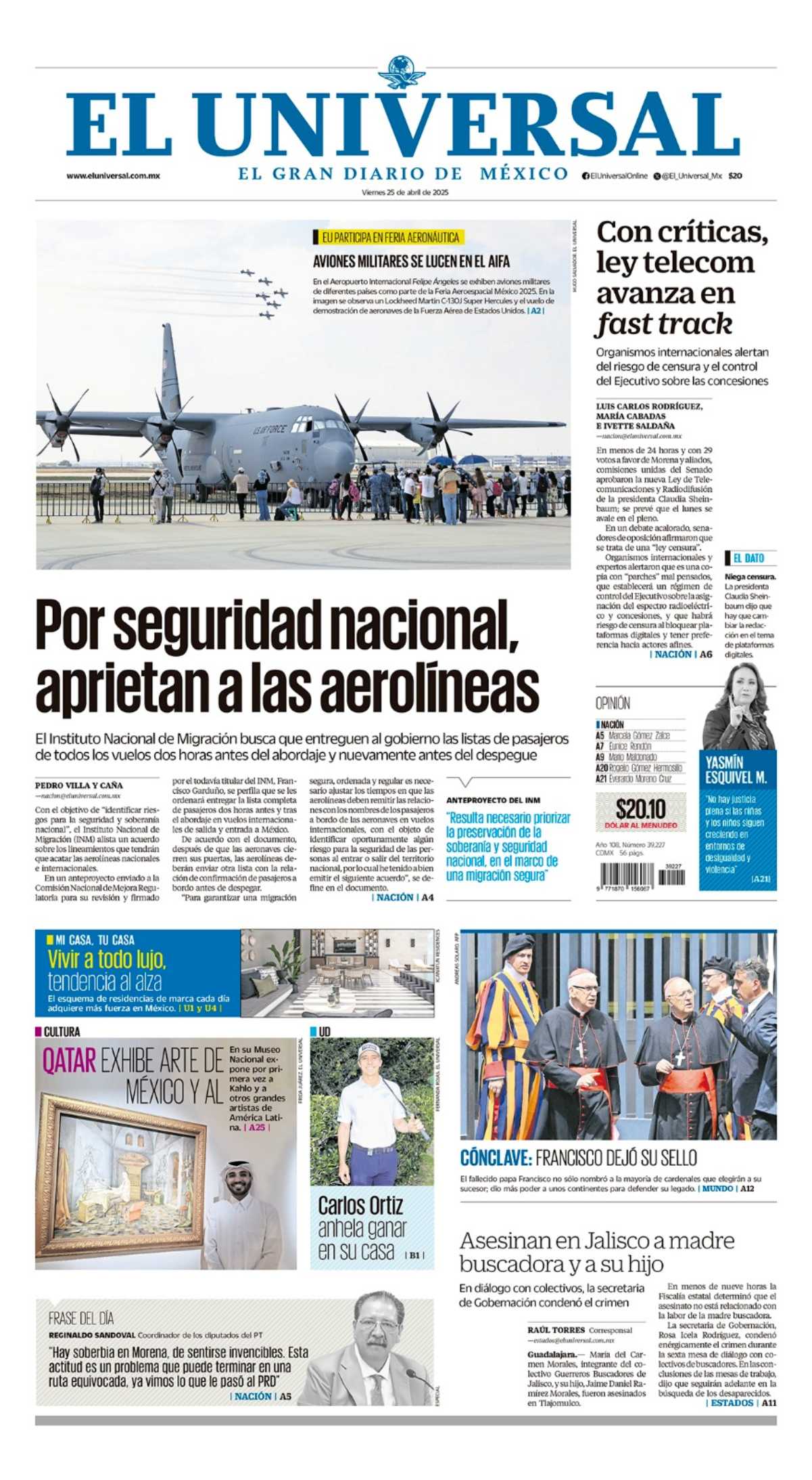 Portada impresa del 25 de abril del 2025. Imagen: EL UNIVERSAL