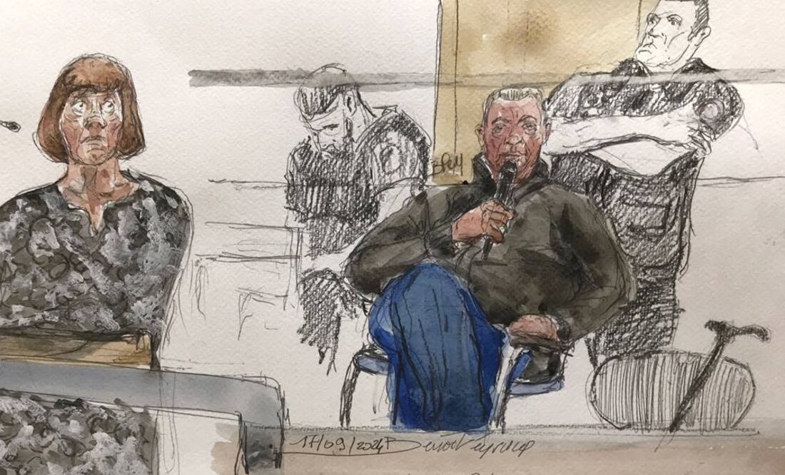 Este boceto judicial creado el 17 de septiembre de 2024 muestra al acusado Dominique Pelicot durante su juicio en el que se le acusa de drogar a su esposa, Gisele Pelicot. Foto: AFP