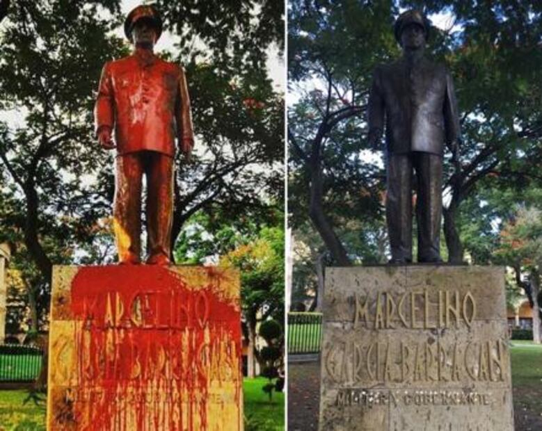 Circulan fotos falsas de estatua de Díaz Ordaz manchada de rojo en Guadajalara