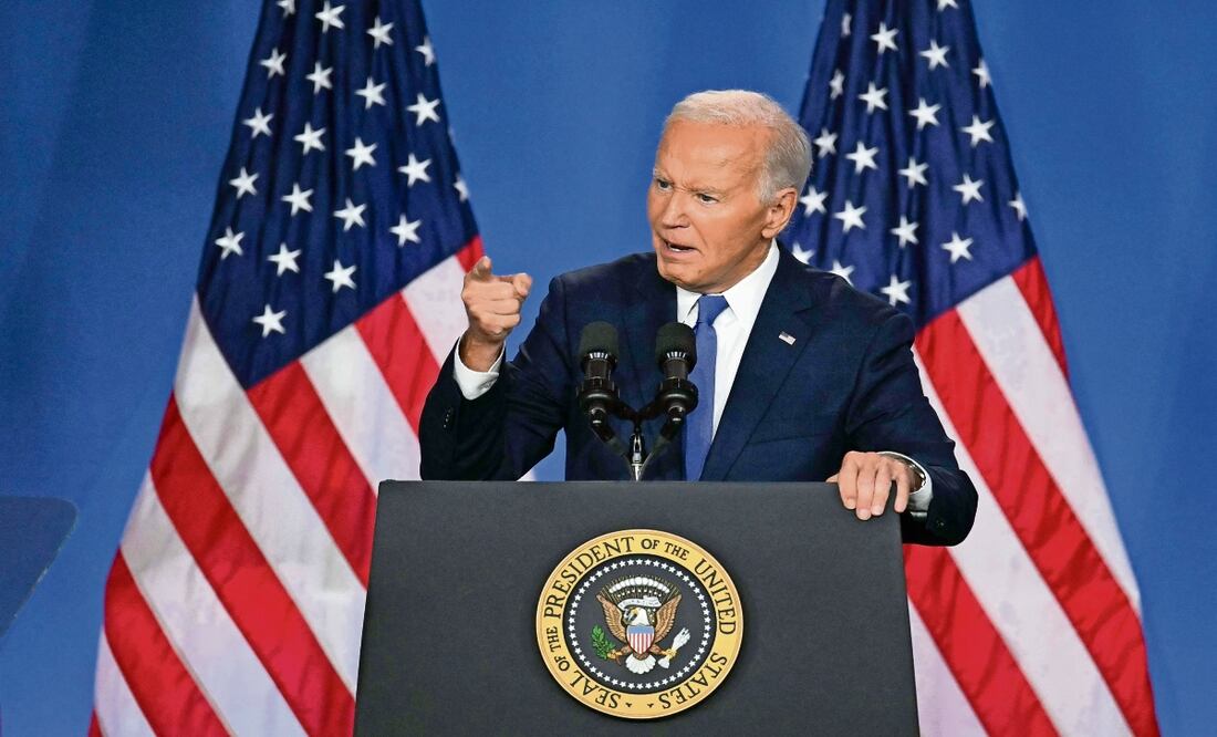 El presidente estadounidense Joe Biden en una conferencia  tras clausurar  la Cumbre de la OTAN en el Centro de Convenciones Walter E. Washington. Foto: AFP