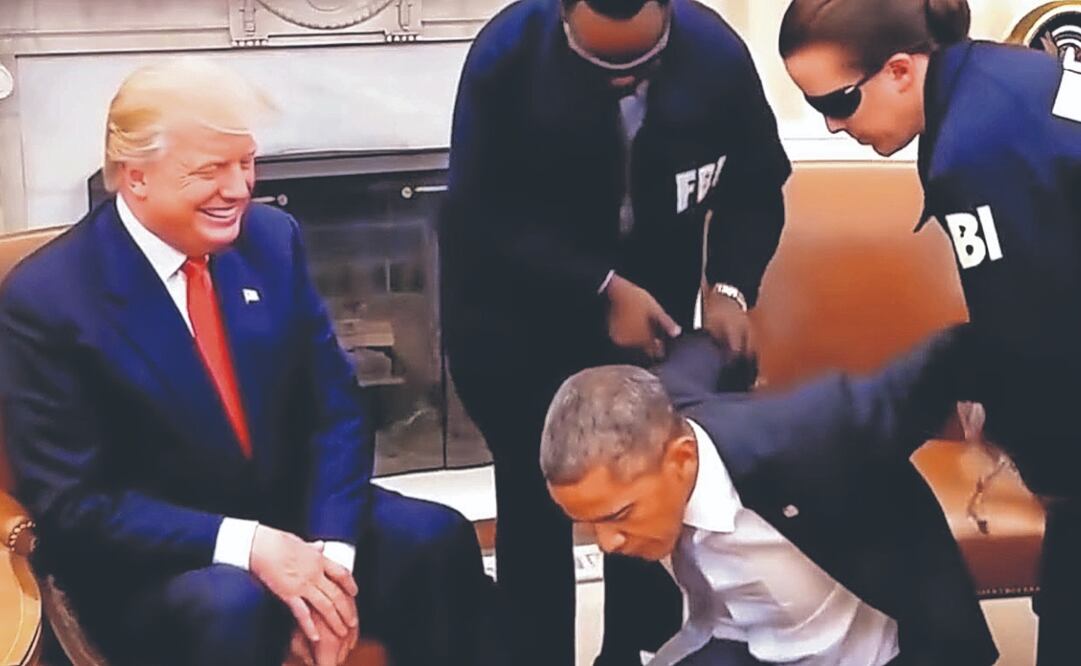 El presidente de EU, Donald Trump, difundió un video fake en Truth Social en el que se ve a Barack Obama siento arrestado en la Oficina Oval en la Casa Blanca. Foto Especial