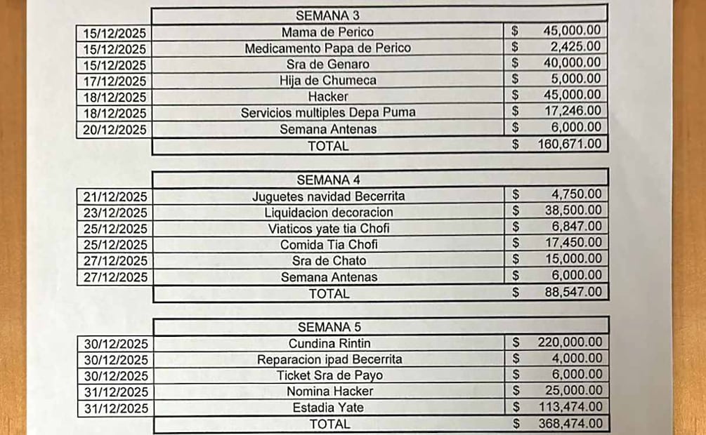 En la narconómina de El Mencho aparecen los pagos efectuados a los piratas informáticos, así como a otros rubros, en diciembre pasado. Foto: Especial