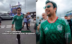 Checo Pérez "presume" la playera de la Selección Mexicana, durante el Gran Premio de Gran Bretaña