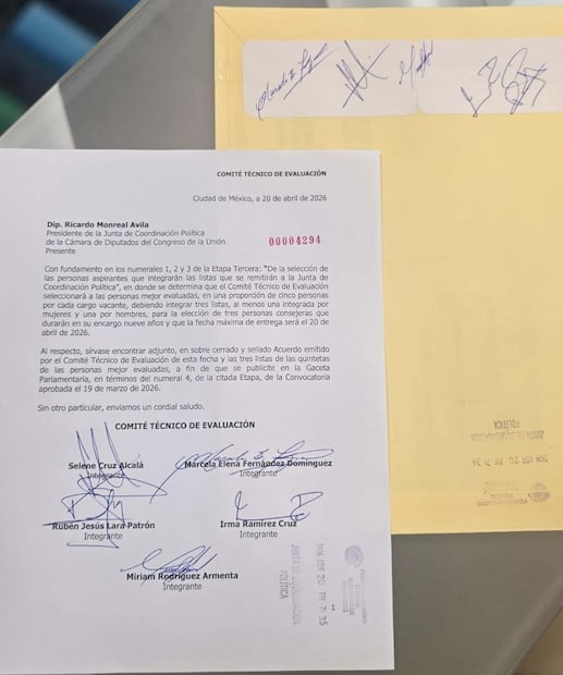 Jucopo recibe quintetas para el INE (20/04/2026). Foto: X @RicardoMonrealA