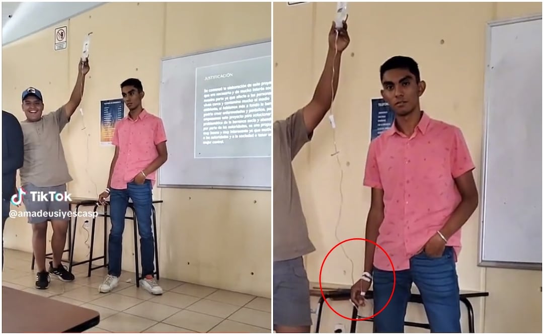 Estudiante expone ¡con todo y suero!. Foto: Capturas de TikTok @amadeusIyescas