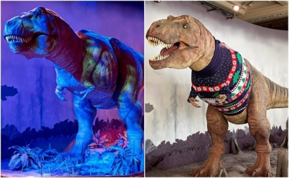 Museo de Historia Natural de Londres exhibe T-Rex con "ugly sweater" navideño