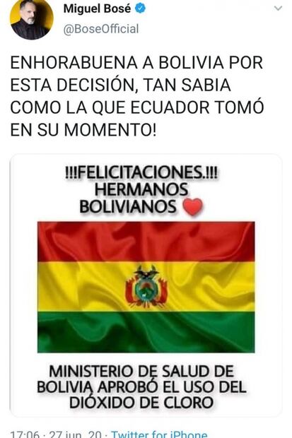 Miguel Bosé acusa a Twitter de censurarlo por difundir información sobre Bolivia