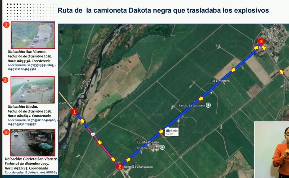 Ruta de la camioneta de explosión en Coahuayana, Michoacán (07/12/2025). Foto: Captura de pantalla