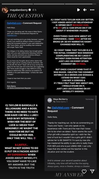 Ex de Travis Kelce, Maya BenBerry advierte a Taylor Swift