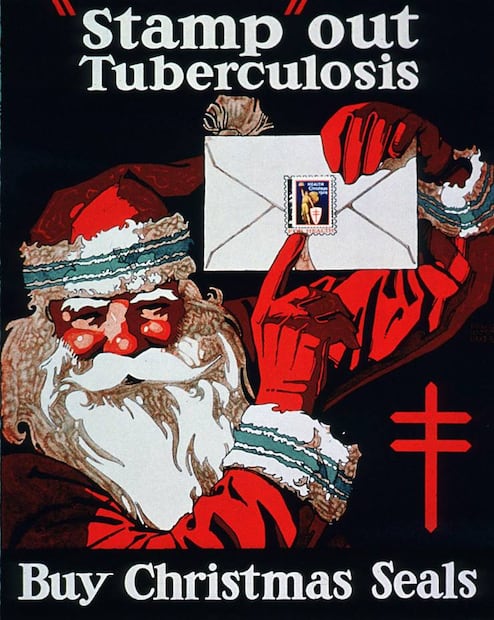 Anuncio de revista para la campaña de timbres navideños en EU. En el borde derecho se observa la Cruz de Lorena, símbolo contra la enfermedad desde 1902, tras la Conferencia Internacional de Tuberculosis en Berlín. Foto: Wikimedia Commons.
