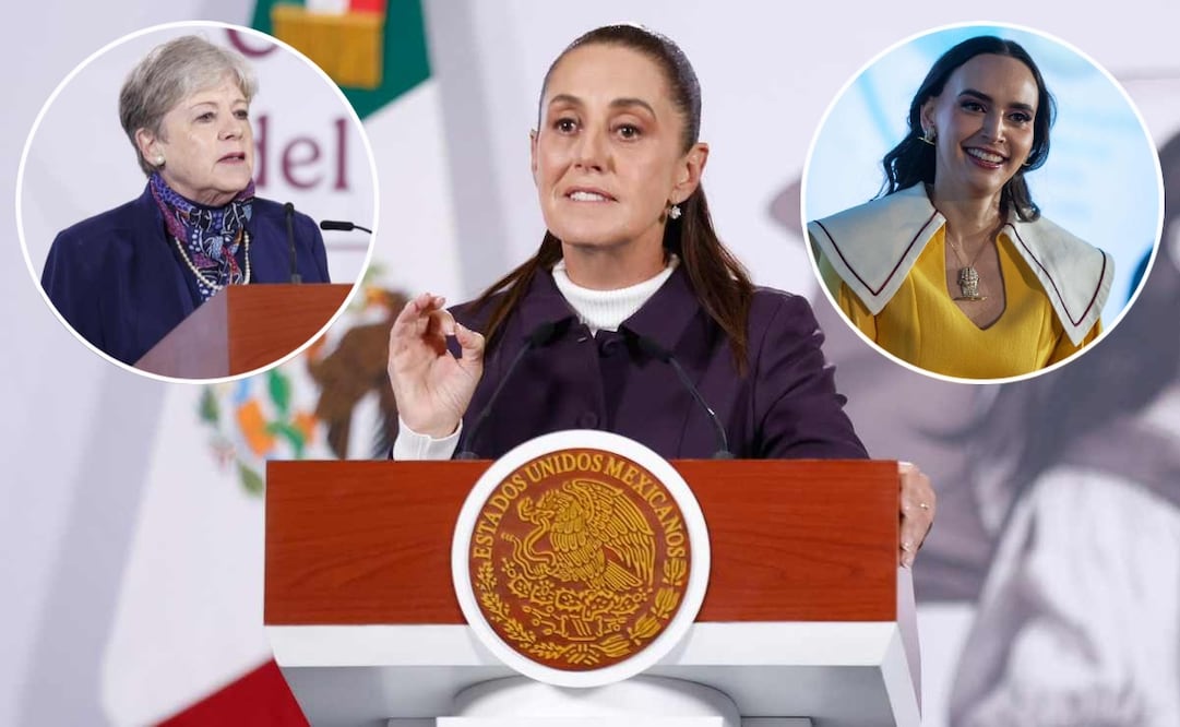 La presidenta Claudia Sheinbaum durante la mañanera del 14 de enero del 2026. Alicia Bárcena, titular de Semarnart  y Altagracia Gómez Sierra, titular del Consejo Asesor de Desarrollo Económico Regional y Relocalización. Fotos: Diego Simón / EL UNIVERSAL y Cuartoscuro