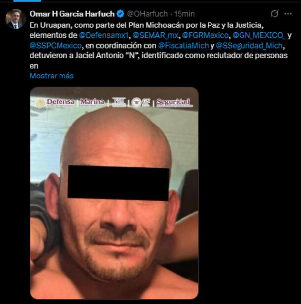 Detienen a Jaciel Antonio, identificado como reclutador de personas en centros de rehabilitación para integrarlas a células delictivas. Foto: Captura de pantalla de la cuentad e X de @OHarfuch
