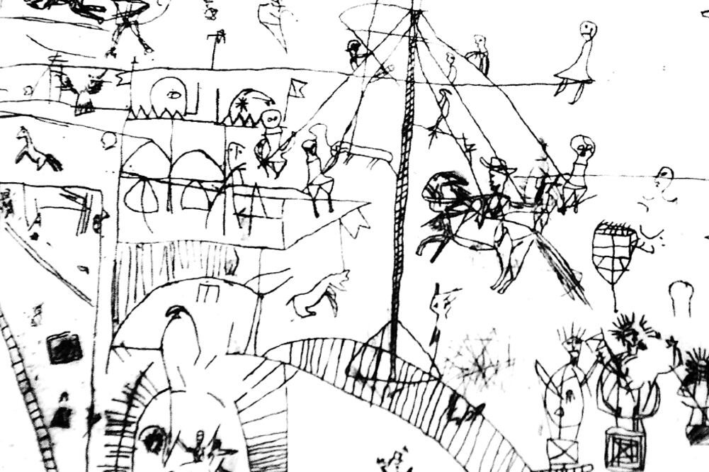 Calcado sobre papel poliéster. La escena, ubicada en el claustro alto, muestra al palo volador como eje central de las fiestas de Tepeapulco, Hidalgo (TOMADAS DEL LIBRO GRAFFITIS NOVOHISPANOS DE TEPEAPULCO, SIGLO XVI)