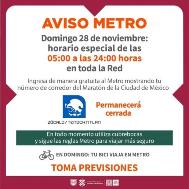 Por Maratón de la Ciudad de México, el Metro tendrá horario especial  