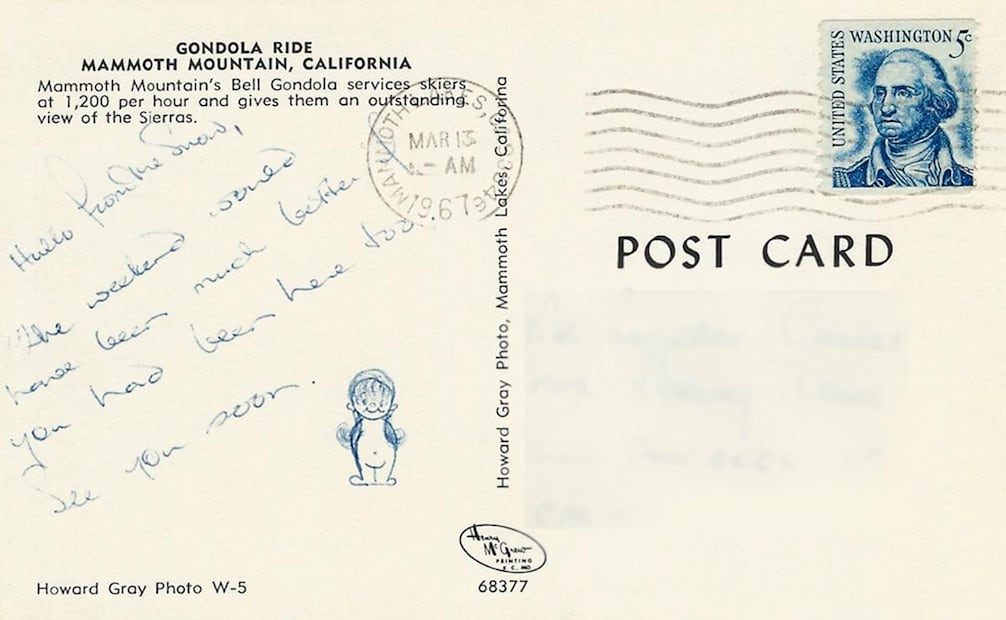 Postal de 1967 para Roberto Casali, con el primer dibujo de mini-Kim. Foto: ESPECIAL/Tomada de Love Is Cartoon.