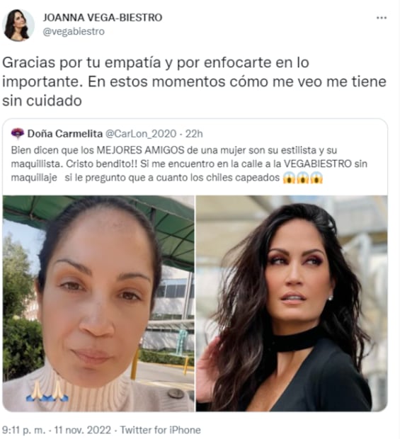 Joanna Vega-Biestro enfrenta a usuaria que la criticó por una foto sin maquillaje