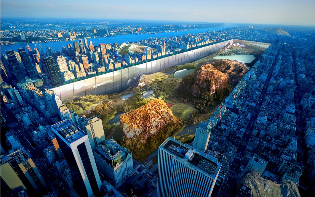 Proyecto ganador mostrando Central Park creando una cavidad rectangular delimitada por muros y rascacielos