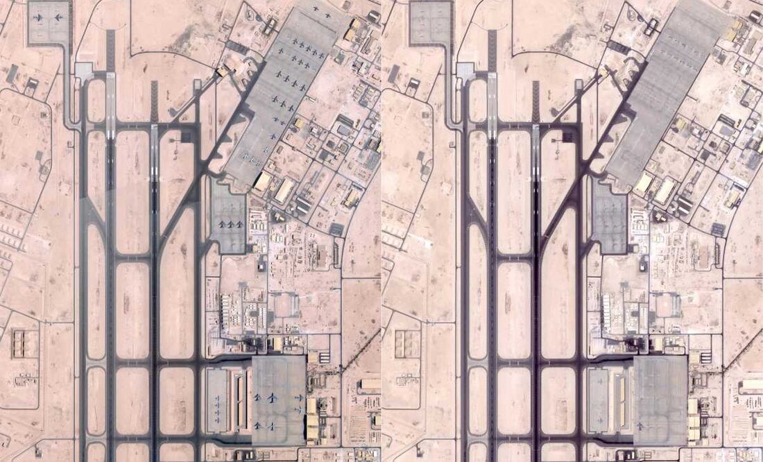 Esta combinación de fotos satelitales proporcionadas por Planet Labs PBC el 19 de junio de 2025 muestra una foto tomada el 5 de junio de 2025 (izq.) que muestra aviones militares en la base militar estadounidense de Al-Udeid en Catar, y una foto tomada el 19 de junio de 2025 (der.) que muestra la ausencia de aviones en la base militar estadounidense de Al-Udeid en Catar, una de las principales bases estadounidenses en la región. La Base Aérea de Al-Udeid en Catar alberga los componentes avanzados del CENTCOM, así como sus fuerzas aéreas y fuerzas de operaciones especiales en la región. También alberga aeronaves de combate rotatorias, así como el 379.º Ala Expedicionaria Aérea, que incluye medios de transporte aéreo, inteligencia de reabastecimiento aéreo, vigilancia y reconocimiento, y evacuación aeromédica.
La Base Aérea de Al-Udeid en Catar alberga los componentes avanzados del CENTCOM, así como sus fuerzas aéreas y fuerzas de operaciones especiales en la región. También alberga aeronaves de combate rotativas, así como el 379.º Ala Expedicionaria Aérea, que incluye medios de transporte aéreo, inteligencia de reabastecimiento aéreo, vigilancia y reconocimiento, y evacuación aeromédica. Foto: AFP