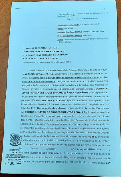 Comparece por escrito general retirado acusado de criticar a AMLO