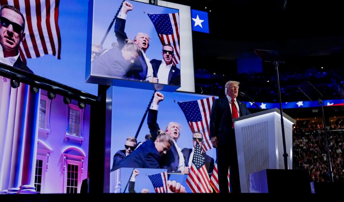 El candidato presidencial republicano Donald Trump habla el cuarto día de la Convención Nacional Republicana (RNC) en el Foro Fiserv en Milwaukee, Wisconsin, EE.UU., 18 de julio de 2024.